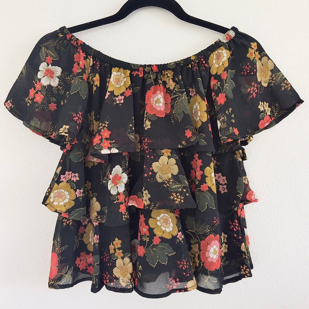 NWOT Japna Ruffle Tiered Floral Off The Shoulder Chiffon Romantic Blouse Black